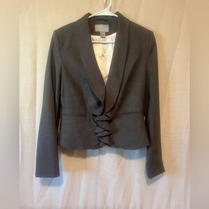 ✨ H&M Plaid Ruffle Front Blazer 💼 Hook Closure Gray Check Jacket Women’s 10 🖤